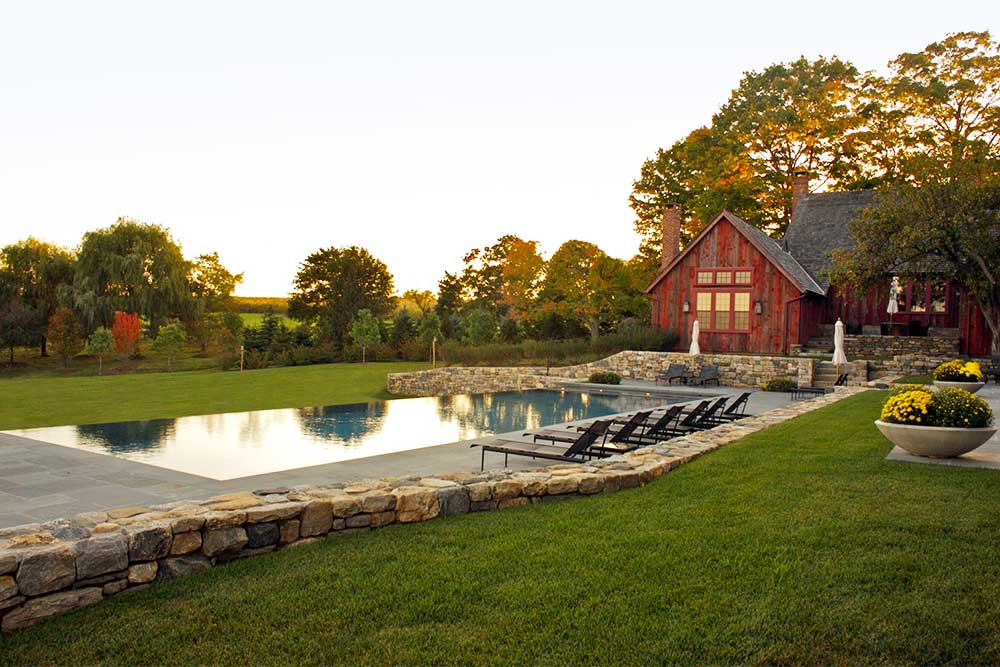 Janice Parker Landscape Architects, florishing gardens, Modern Barn House, apple orchard, infinity pool, wooden clad, Malus Sargentii, Connecticut, old farm